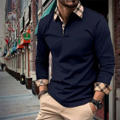 Classic Long Sleeve Checkered Collar Polo Shirt - Image 3